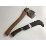 A 19th Century bill hook, the blade struck John Russell, Mells, together with a hand axe