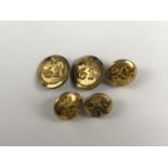 Two 19th Century 61st Regiment gilt metal buttons and three small Victorian dress buttons