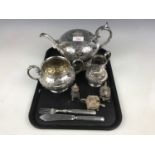 Sundry electroplate including a James Dixon and Sons of Sheffield three-piece tea set, a cruet set