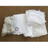 Vintage white-work table linens / cloths, together with a pillowcase embroidered with two love-