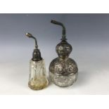 A George V silver double-gourd and cut-glass perfume bottle, (a/f), together with one other similar
