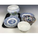 19th Century Rhine blue and white plates together with a rum butter bowl and a large bowl etc