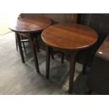 Two contemporary joiner-made stained pine bistro / bar tables, 60 cm diameter x 76 cm high