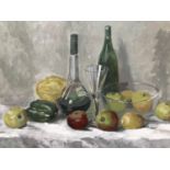 W*** Scott Smith (Contemporary) Still life with fruit and wine, oil on board, framed, 43 x 61 cm