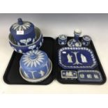 A collection of late 19th / early 20th Century Wedgwood dark blue Jasperware, including cheese dome,