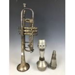 A Boosey and Co Silbrom electroplate trumpet with mutes