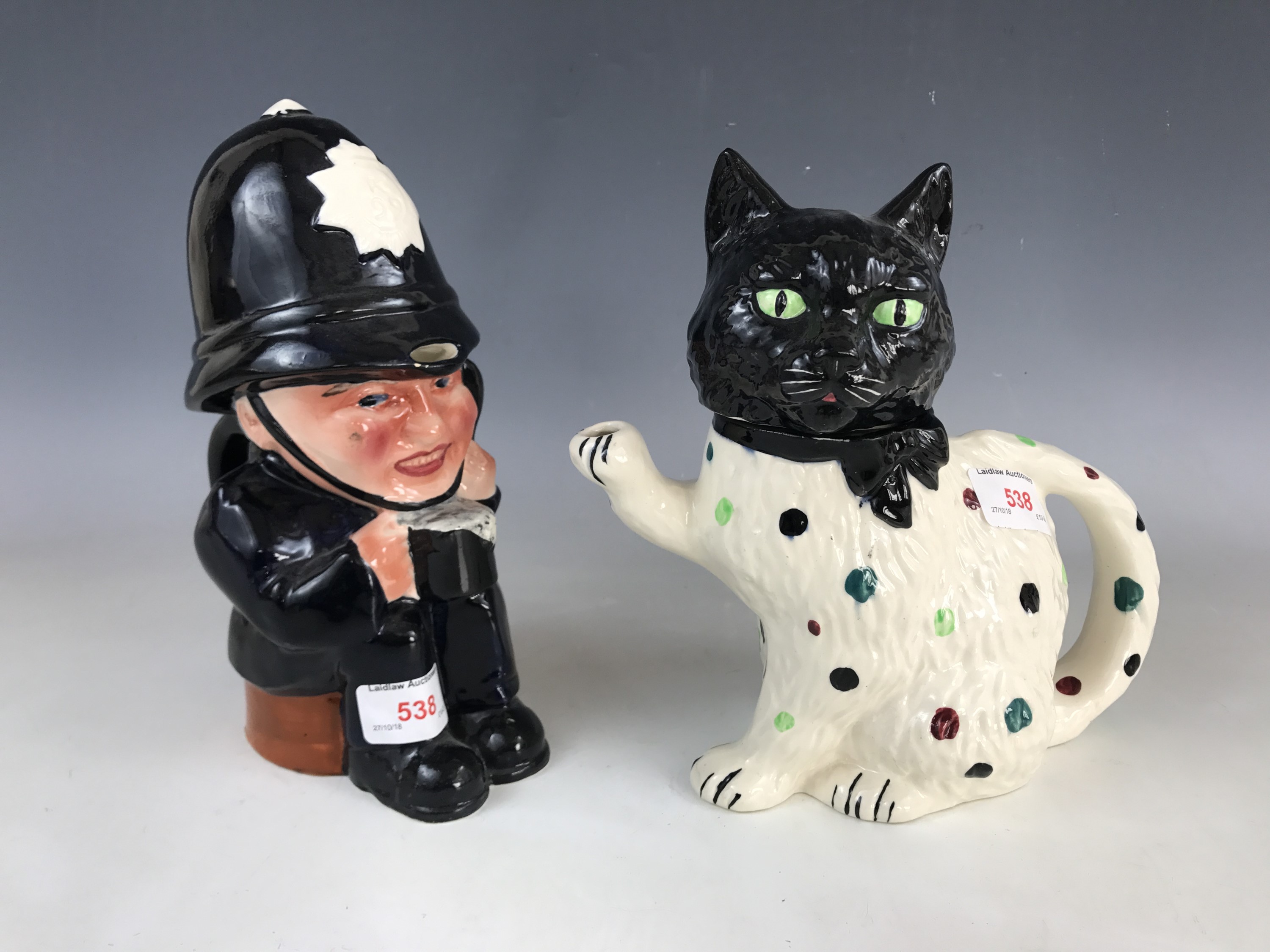 A Shorter and Son novelty cat tea pot together with a Policeman water jug, 21 cm