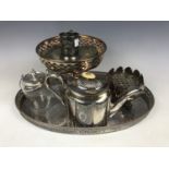 A quantity of electroplate including a galleried tray, a teapot and a bowl etc