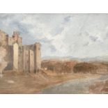 (19th Century) Watercolour view of Brougham Castle at dusk, framed and mounted under glass, 16 x