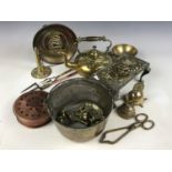 A quantity of antique and vintage domestic copper and brass, including "candlestick" postal scale (