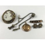 Victorian and later rolled-gold and other jewellery, including a carved shell cameo brooch, a gold