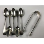 Five monogrammed 'A.T' silver teaspoons together with a pair of silver sugar tongs