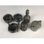 Sundry items of small domestic pewter, including a mustard pot and three cauldron-form salts