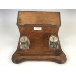 A Victorian oak desk compendium / ink standish, 18 cm high