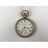 A Waltham rolled-gold cased and open-faced pocket watch, having crown wound movement, white