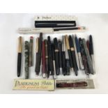 A quantity of vintage fountain pens, other pens and pencils including a boxed Platignum Petite and