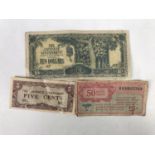 Two Second World War Japanese occupation banknotes and a US Military Payment Certificate