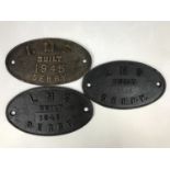 Three railway locomotive builder / shed plates, all LMS and built in Derby in 1945