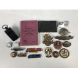 Sundry British Railways badges and others, together with a British Rail whistle and pay book