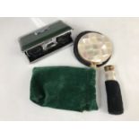 A 1950s powder compact, lipstick holder and opera glasses