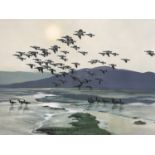 After Sir Peter Scott (1909-1989) Solway barnacles at flight, offset lithographic print, pencil