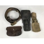 Sundry military webbing and leather accoutrements including a French bayonet frog