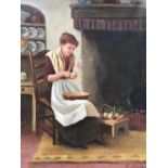 G*** Moore (19th Century) Study of a young girl peeling vegetables before an open fire, oil, framed,
