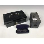 Collectors' items including a Veteran Series metal cash tin together with pince-nez glasses and a