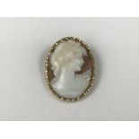 A yellow-metal and carved shell cameo brooch, depicting the profile of a young debutant, claw-set in