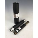 A Victorian two-draw brass pocket telescope, one other telescope and a lacquered brass stormglass by