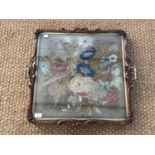 A Victorian glazed and wooden-framed tea tray with gros-point and beadwork embroidered insert, 57 cm