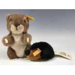 A Steiff beaver together with a Steiff Mini Cosy Igel hedgehog, the latter with original paper tags