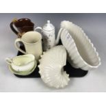 Ceramics including a Royal Worcester coffee pot, and a Wedgwood shell-form wall pocket etc.