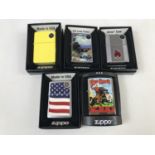 Five Zippo lighters, (boxed as-new)