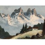 A 1960s Alpine landscape with chalet, acrylic on canvas, 40 cm x 79 cm