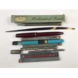 A quantity of pens and pencils etc, including a Parker Duofold fountain pen and an Ofrex "Mechanical