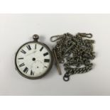 A Victorian silver-cased pocket watch (a/f) together with three base metal watch chains