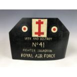 A section of RAF aircraft propeller bearing painted roundels, squadron badge and legend Seek and