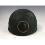 A Second World War British Army motorcyclist's helmet bearing a painted unit sign to the brow