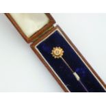 A late Victorian 9ct gold and split seed pearl stick pin, gypsy set within a pelleted and cannetille