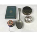 Items of RAF personal kit etc comprising a mess electroplate napkin ring, dubbin, spoon, thread