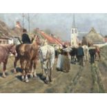Frans Van Leemputten (Belgian, 1850-1914) Realist street scene as viewed from the centre of a