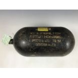 An RAF aircraft oxygen bottle bearing label with inscription oxygen bottle dated 1939 from a