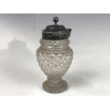 A George III silver-mounted cut glass mustard pot, of baluster form with hobnail decoration, marks