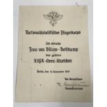 An NSKK pilot's badge award document to Frau von Bulow-Bothkamp