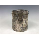 A Victorian silver tea / biscuit canister, of cylindrical form with carrying handle and hasp, Horace