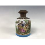 A late 19th Century gilt-metal mounted perfume bottle, transfer-printed in the style of Limoges,