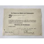 A German Third Reich award document for the Ehrenkreuz des Weltkrieges Frontkaempfer / Honour Cross