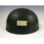 A Second World War British Army motorcyclist's helmet bearing a blue and white tactical / unit
