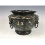 A late Meiji Japanese champleve enamelled bronze bowl influenced by Chinese patterns, 24 cm